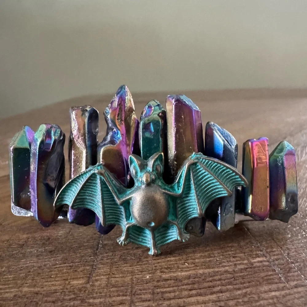Titanium Rainbow Aura Quartz with Patina Bat Handmade Hair Clip - Picture 2 of 5